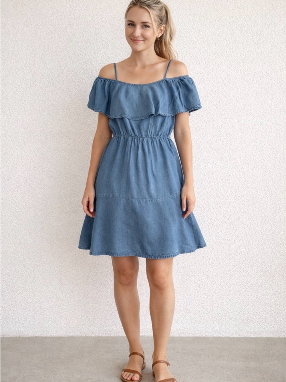 Siera Denim Chambray Off Shoulder Dress Ruffle Boho Blue